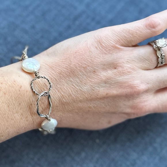 Or Paz Sterling Silver Cultured Pearl Coin Station Bracelet - Picture 4 of 10